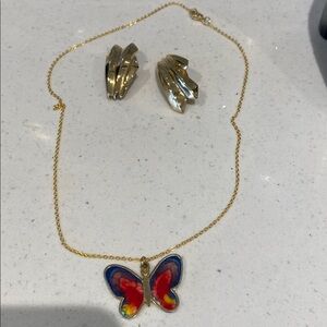 Gold Butterfly Pendant Necklace & clip on earring set